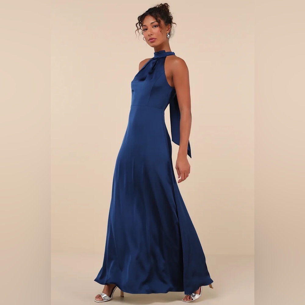 Lulus Regal Loveliness Blue Satin Pleated Mock Neck
Maxi Dress